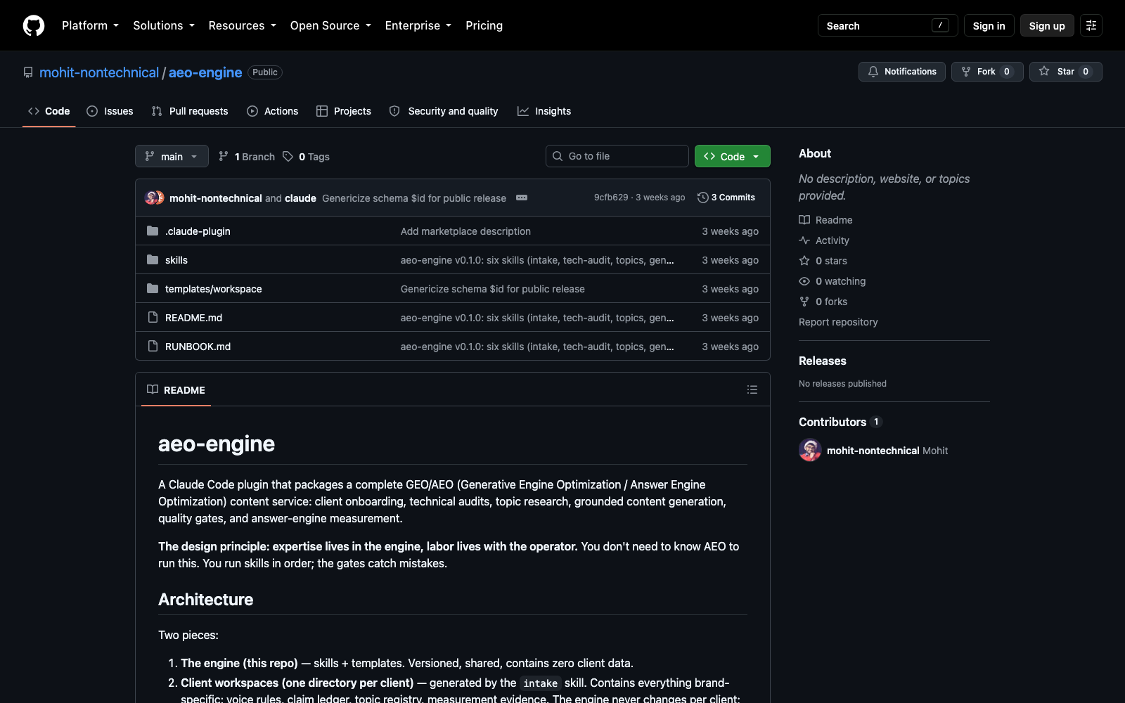 The public aeo-engine GitHub repo: a Claude Code plugin with skills, workspace templates, a README, and a runbook