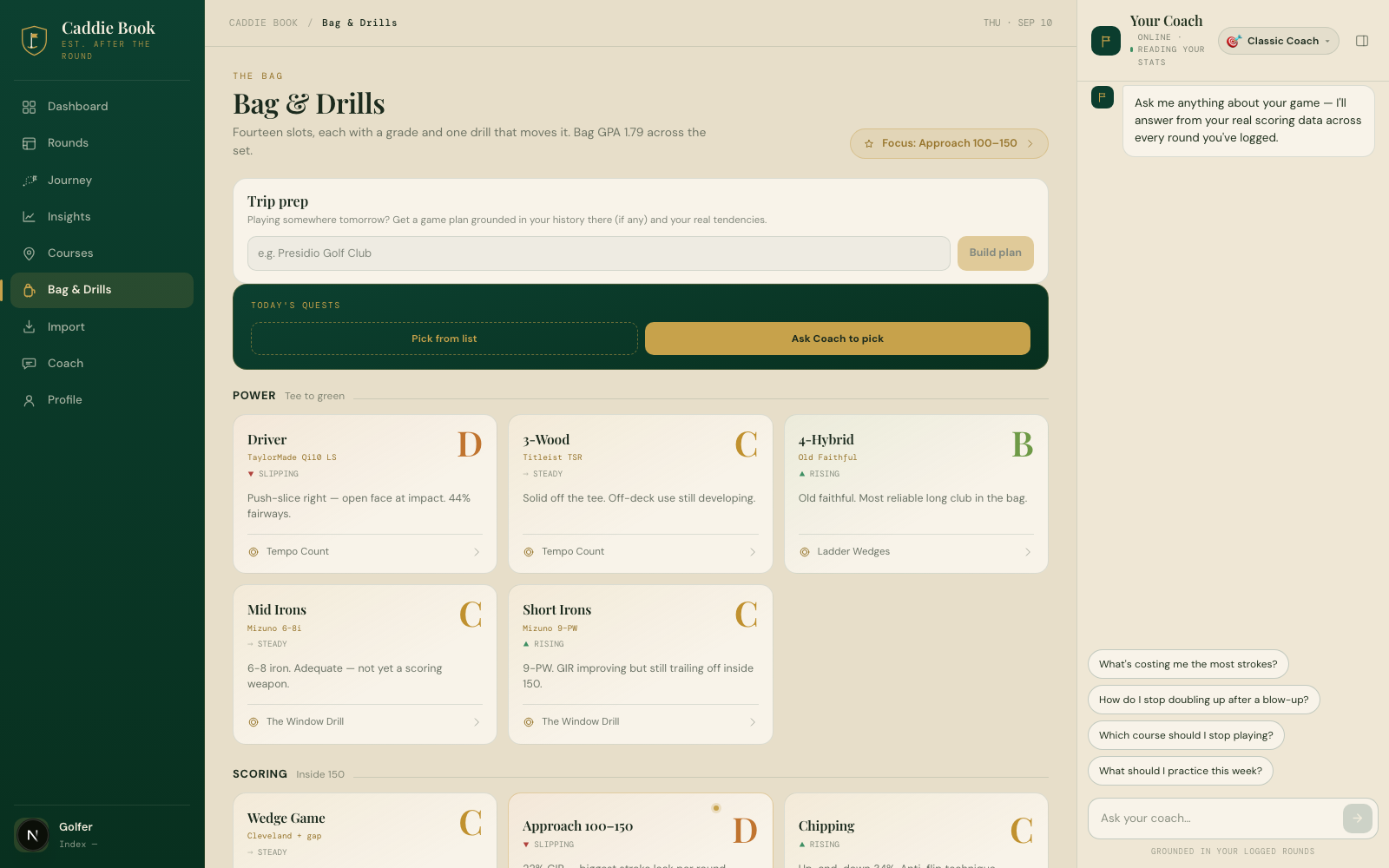 Caddie Book Bag and Drills page: fourteen club slots each with a letter grade and one drill, a trip prep box, daily quests, and a coach chat grounded in logged rounds