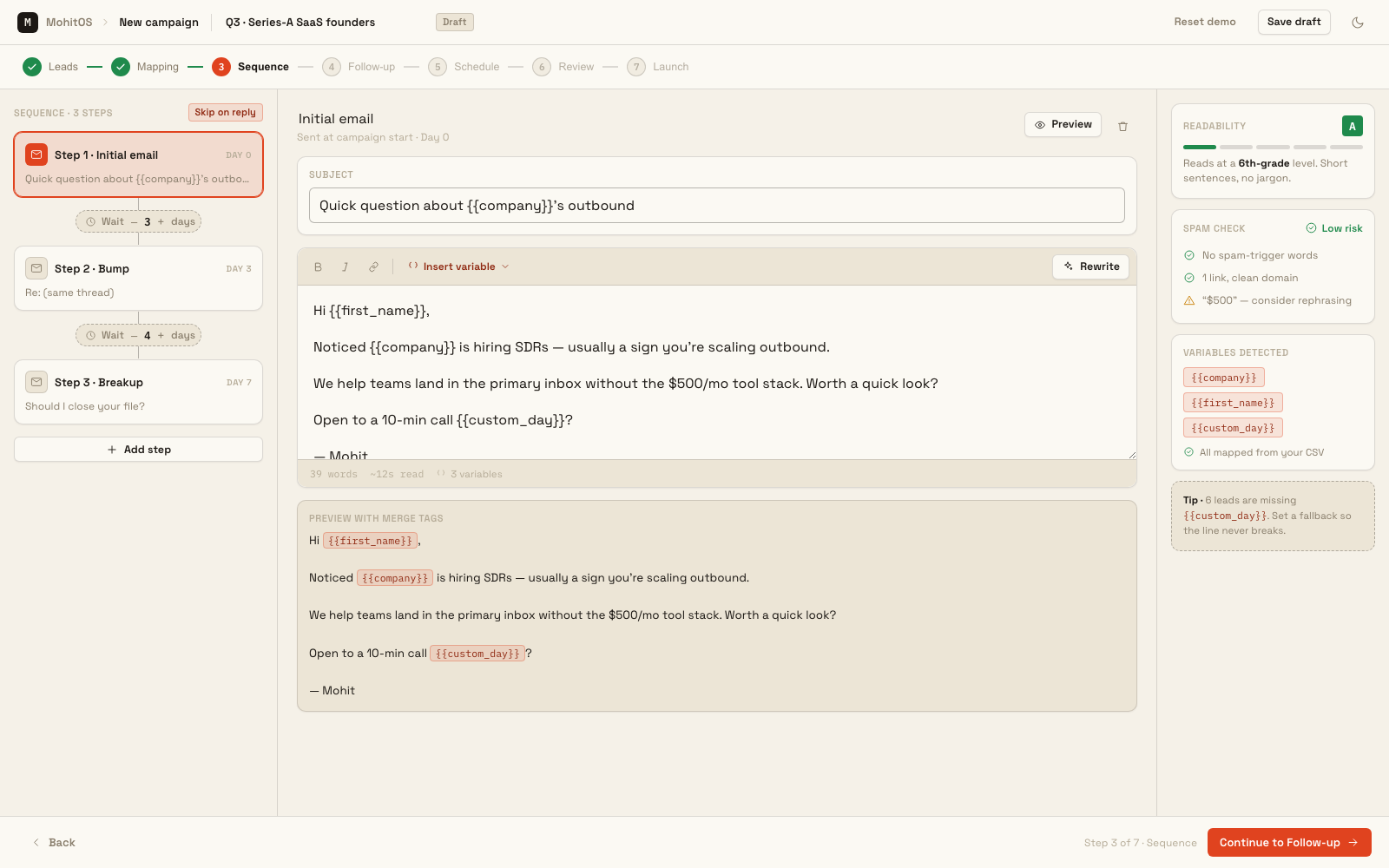 MohitOS campaign wizard preview showing a 7-step sequence builder with readability grade, spam check, and merge-tag preview