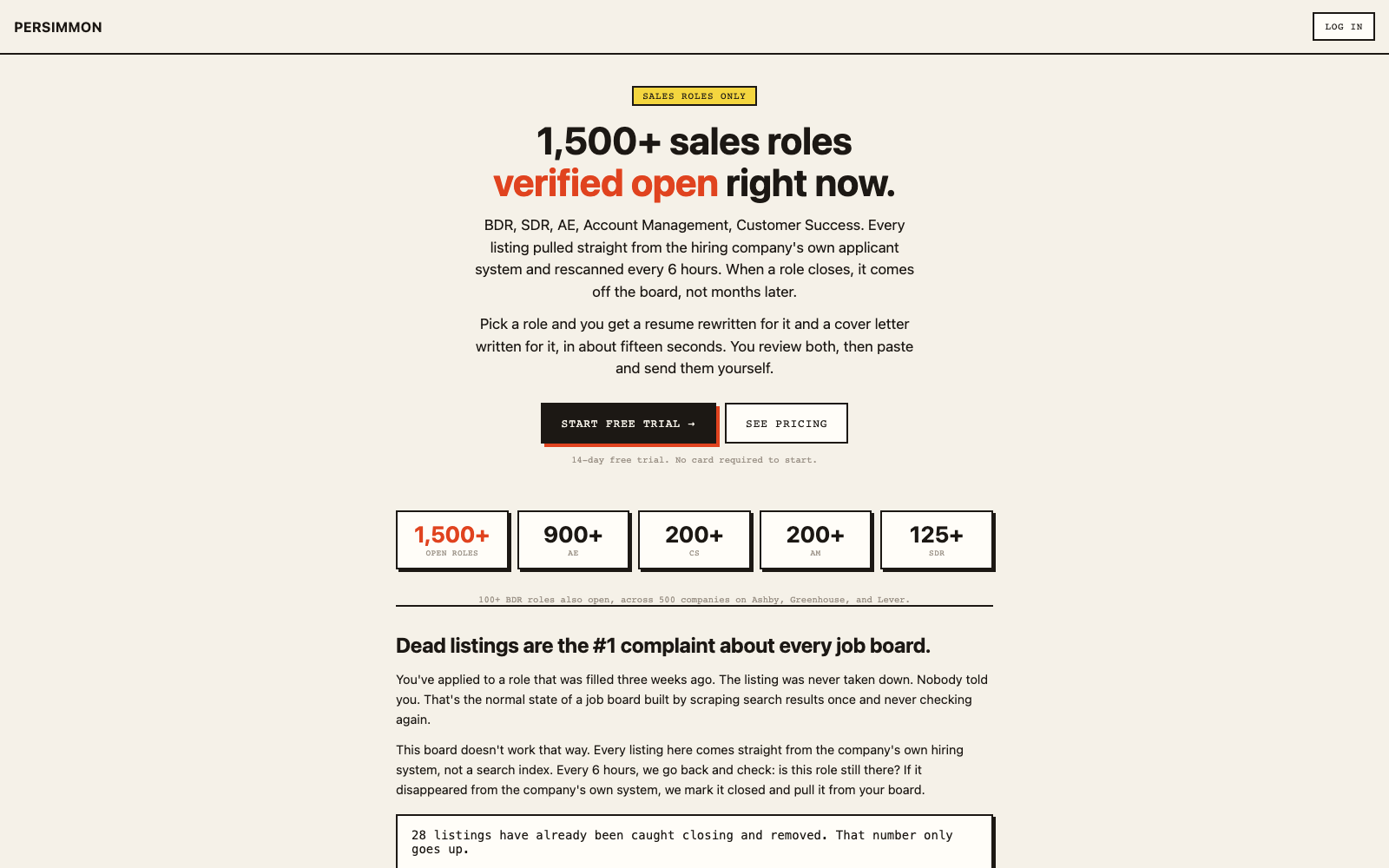 Persimmon job board landing page showing 1,500 plus sales roles verified open with role counts by function