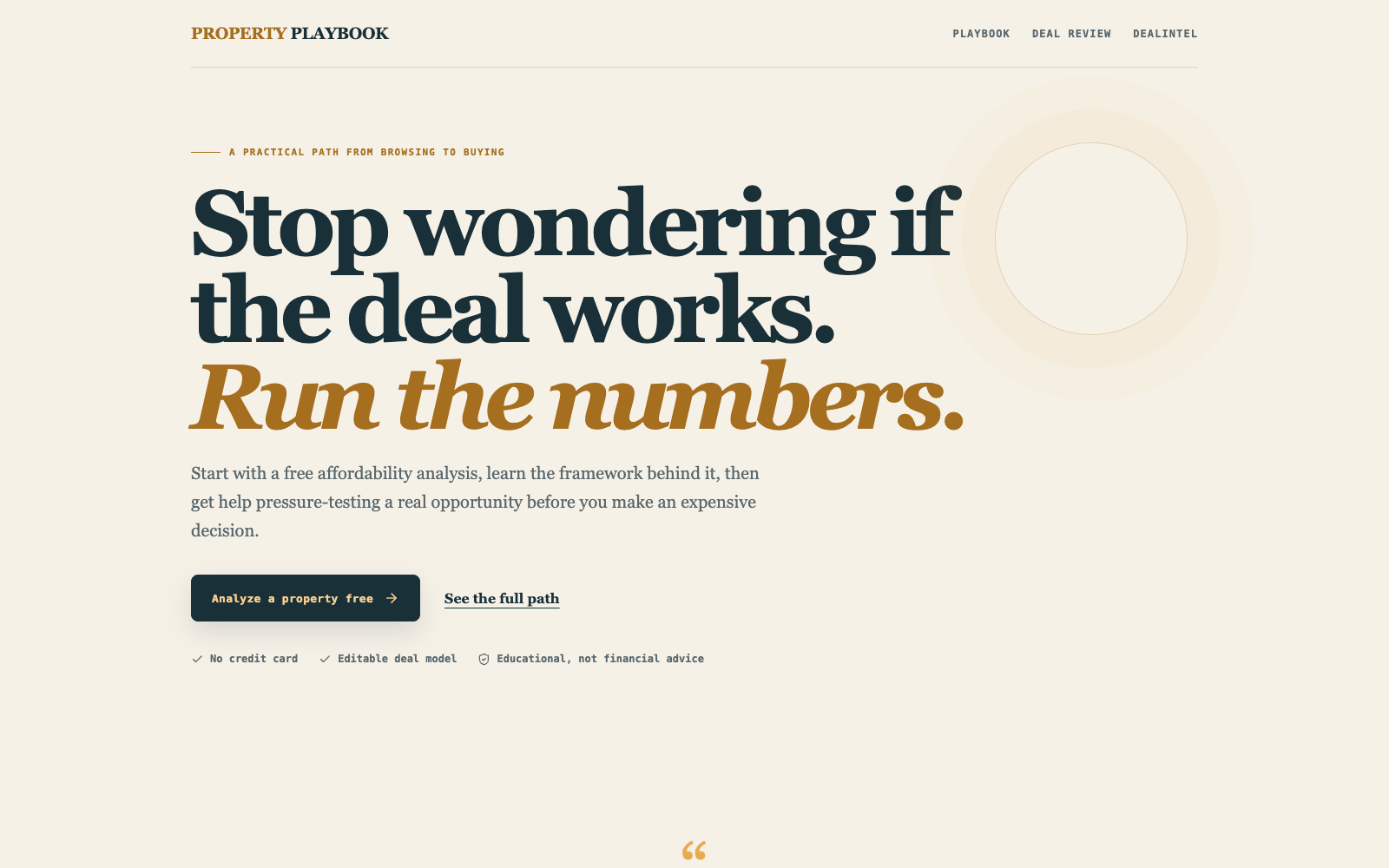 Property Playbook funnel landing page: run the numbers before you buy, with the free calculator as the first step