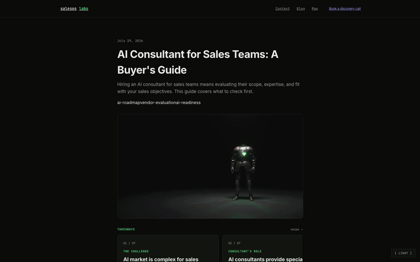 A published SalesOS Labs blog article with a takeaways carousel, part of the 66-article agentic SEO build