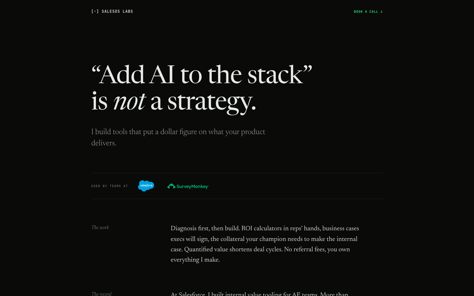 The SalesOS Labs one-page offer: a large serif headline, one sentence of positioning, and a used-by strip
