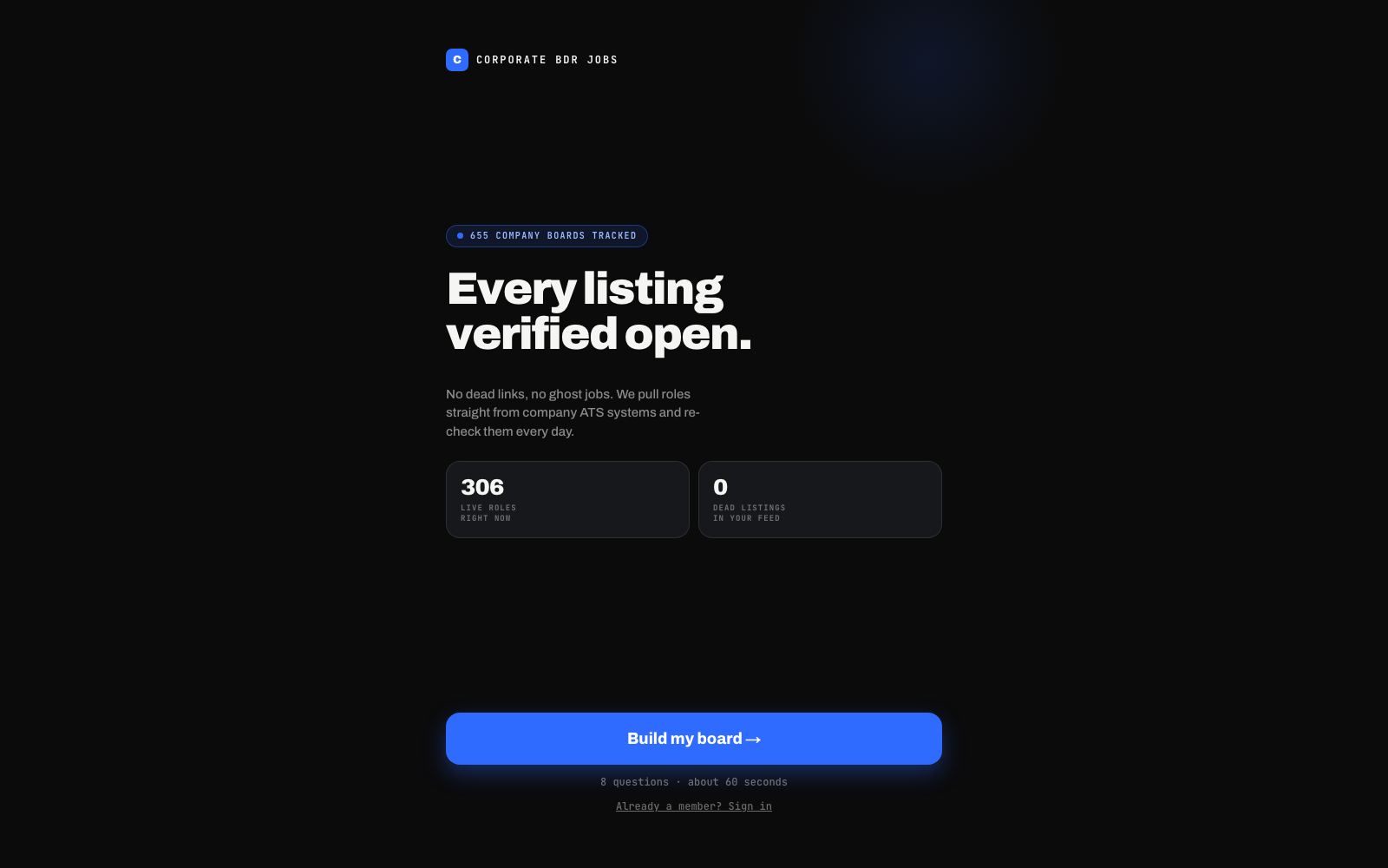 The live landing page of the verified job board, showing company boards tracked, live roles, and zero dead listings