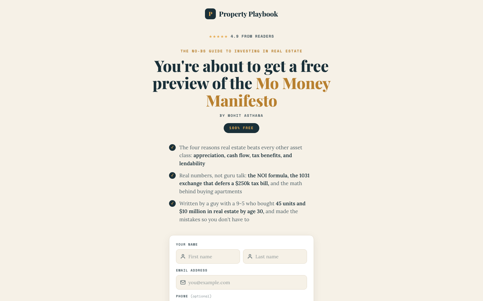 Your Money Options landing page offering a free Mo Money Manifesto preview with a name and email capture form